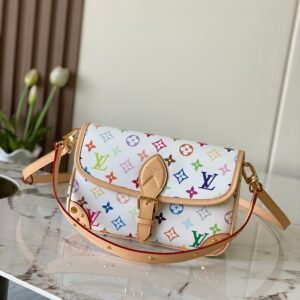 Louis Vuitton x Takashi Murakami Diane PM in White Multicolor Monogram Canvas with Vachetta leather trim.