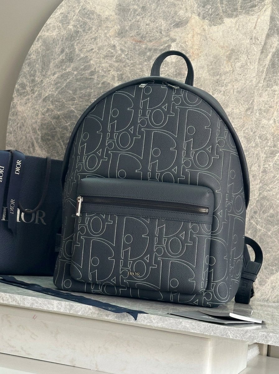Dior Rider 2.0 Zipped Backpack in Navy Blue Dior Gravity Outline Leather.