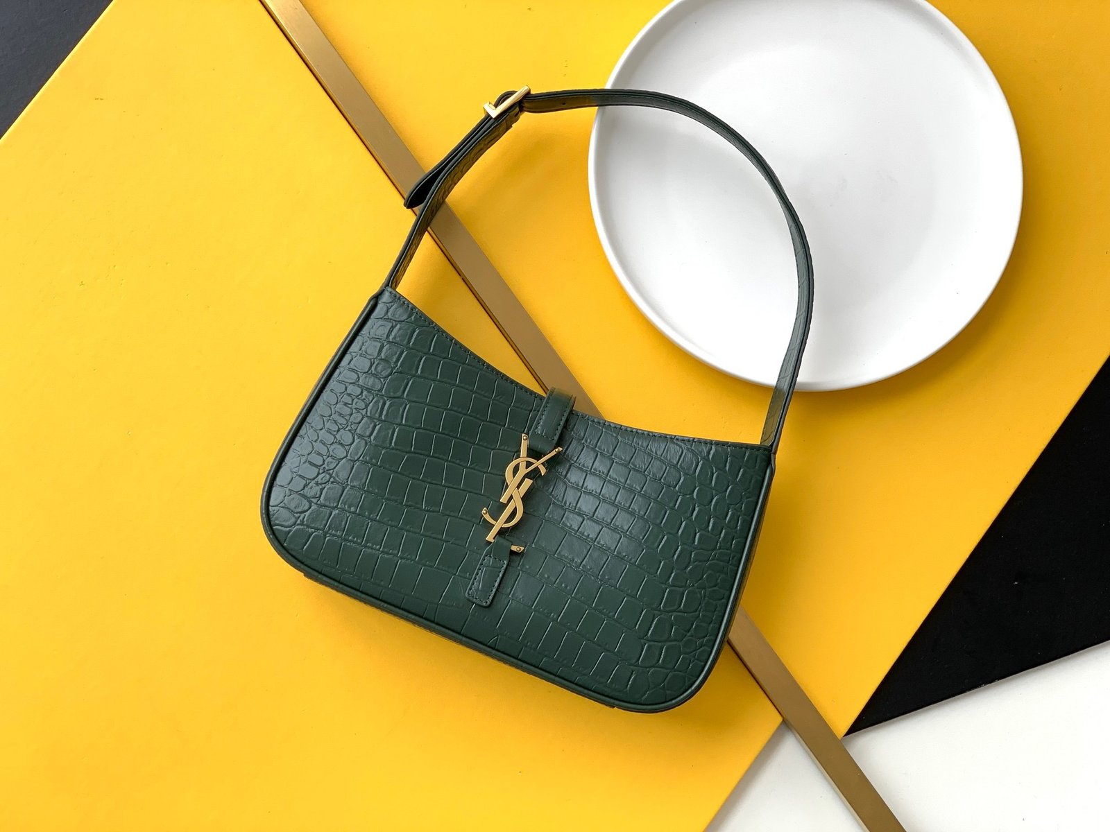 Saint Laurent Le 5 à 7 hobo bag in crocodile-embossed shiny leather.
