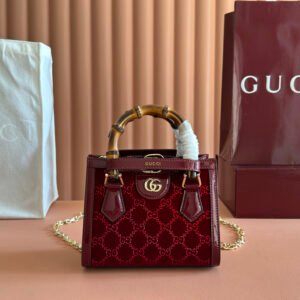 Gucci Diana GG Crystal velvet tote bag in burgundy.