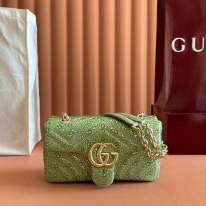 Gucci GG Marmont Small Shoulder Bag in green leather with crystal embellishments