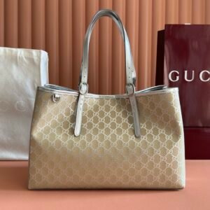 Gucci GG Emblem tote bag in light beige and silver metallic leather trim