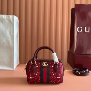 Gucci Ophidia Mini Boston Bag in Rosso Ancora red GG canvas with crystal embellishments