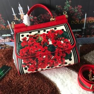 Dolce & Gabbana Medium Sicily bag in Dauphine leather featuring a geranium floral and polka dot print with gold-tone hardware