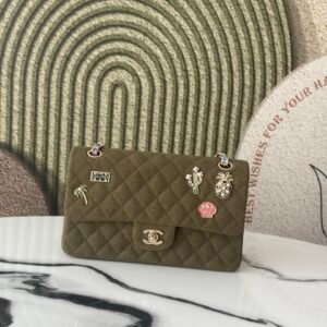 Chanel Khaki Quilted Canvas Coco Cuba Charms Medium Classic Double Flap Bag